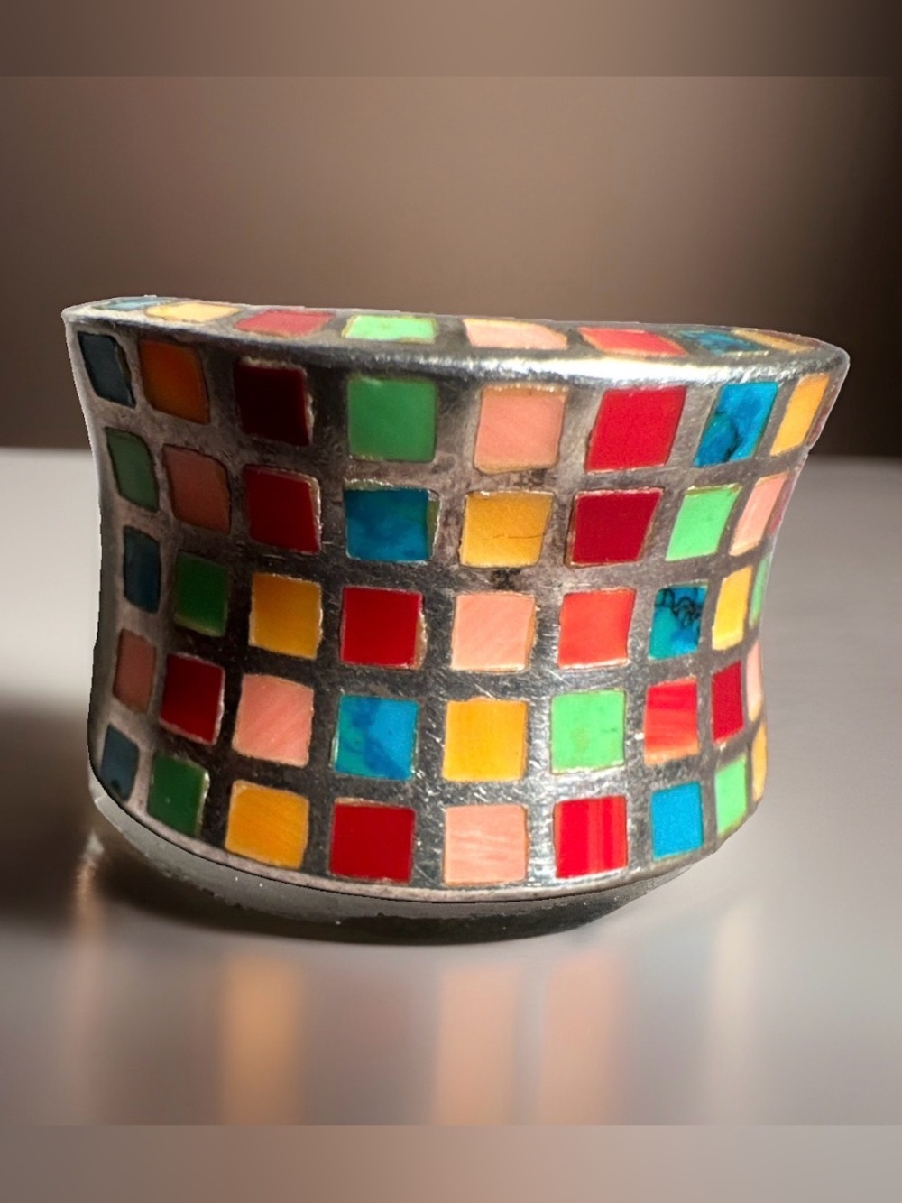 Vtg ZUNI ATI Sterling 925 Wide Band Pastel Mosaic Inlay Statement Ring Sz 7.5